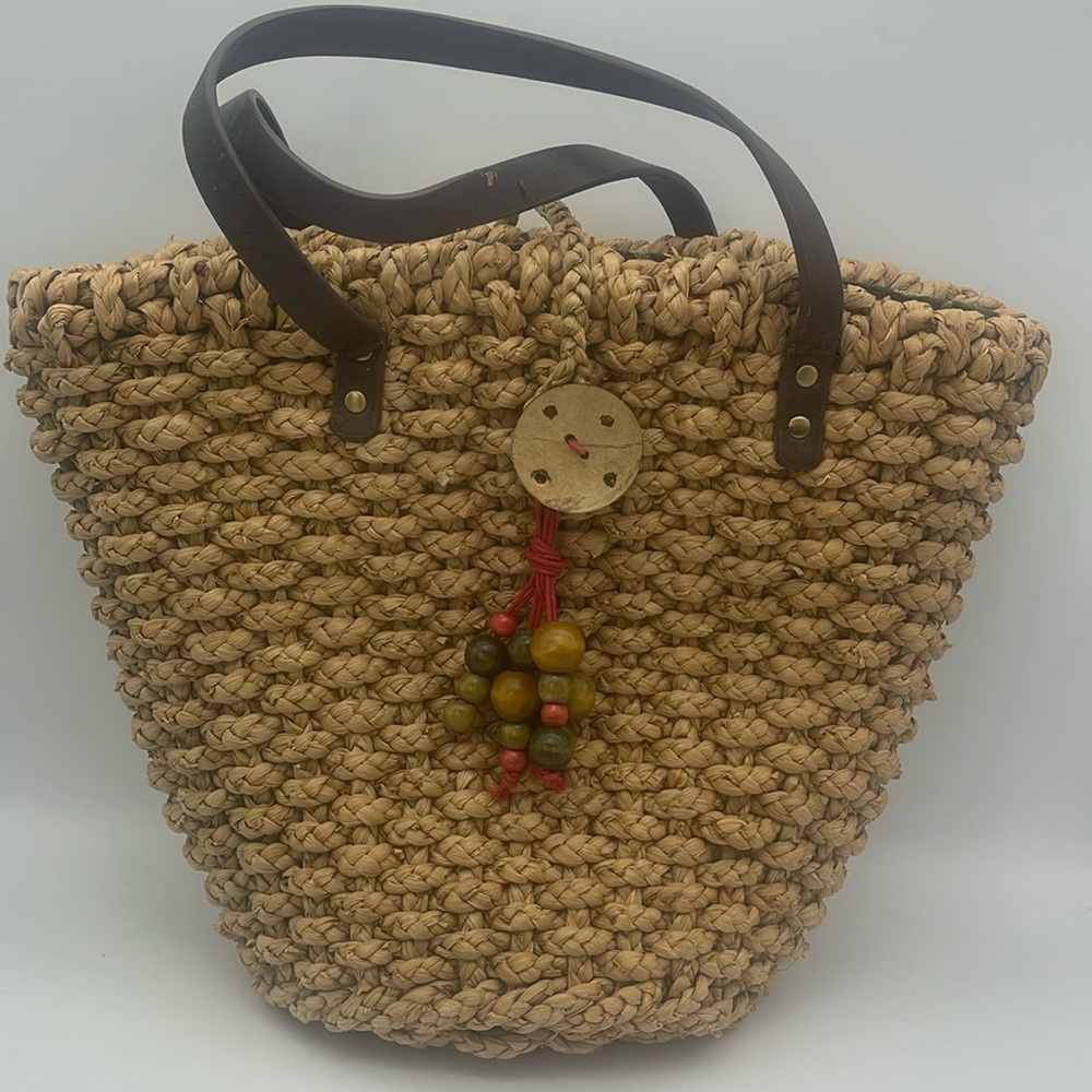 Coldwater Creek Vintage Straw Bag Purse Leather Straps Beads